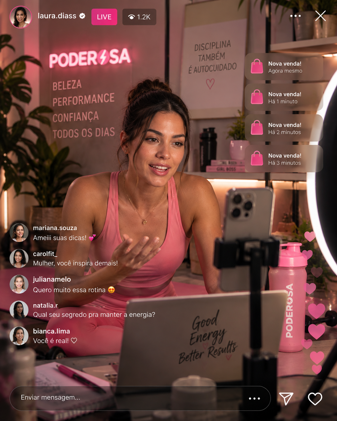Creator Poderosa em transmissão ao vivo com notificações de novas vendas