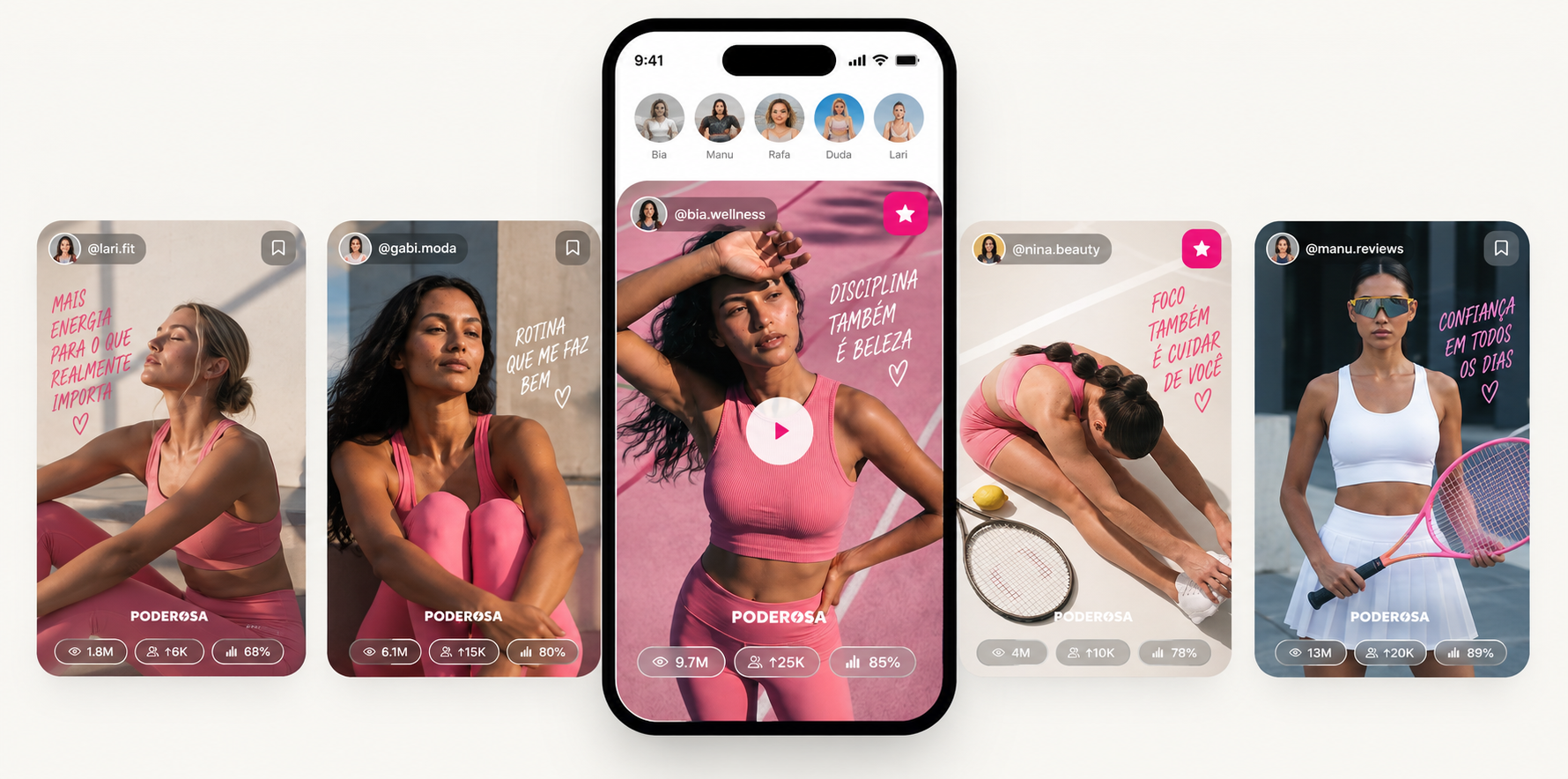 Diferentes creators da comunidade Poderosa produzindo conteúdo sobre beleza, energia e performance